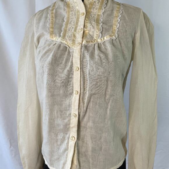 1970s Jessica’s Gunnies Sheer Edwardian Blouse – Lace & Satin Trim, XS - Picture 7 of 13